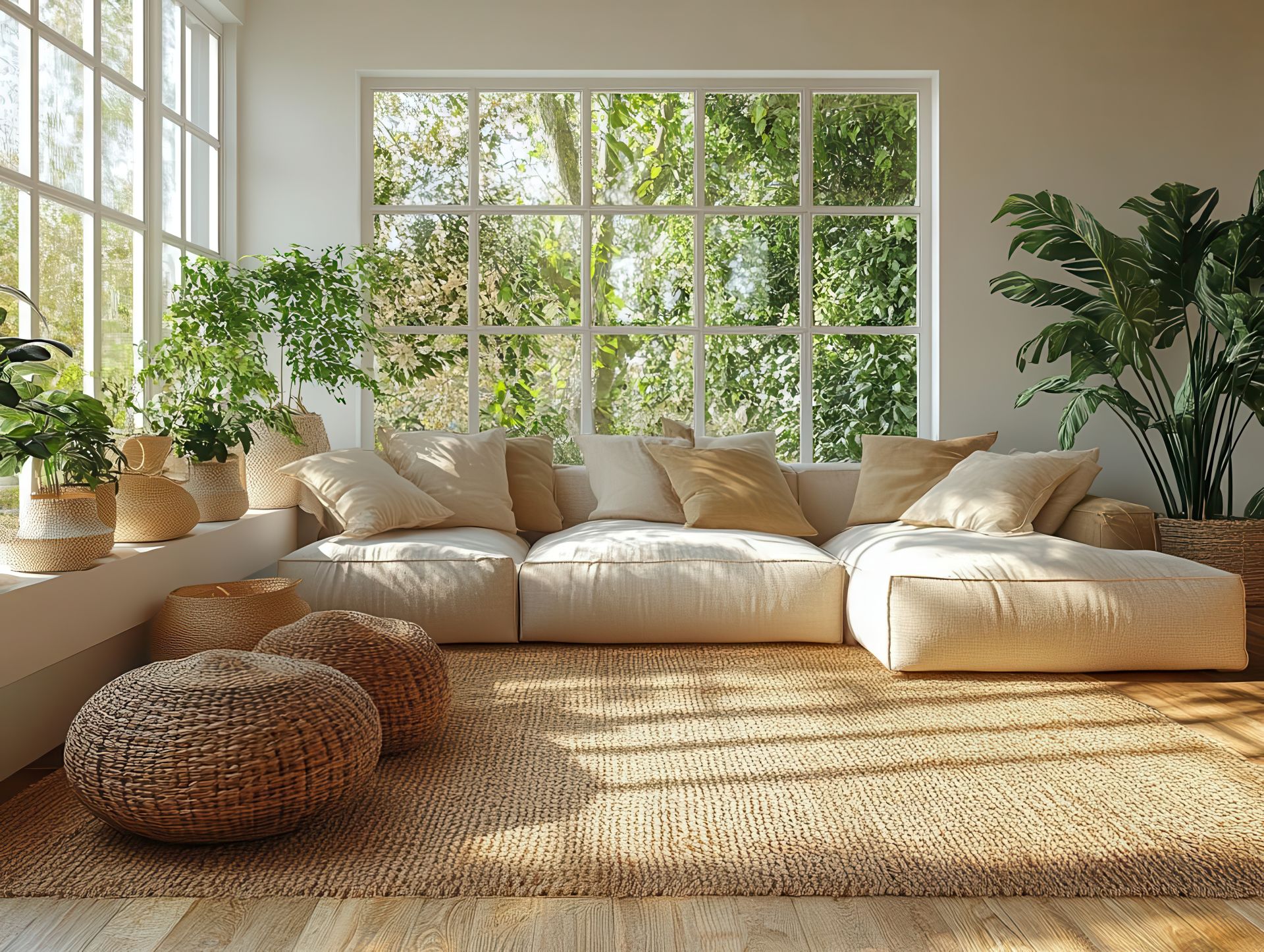 Bright, modern living room with natural light, soft neutrals, woven textures, and layered greenery, creating a calm and grounded space that reflects a warm, intentional approach to home.