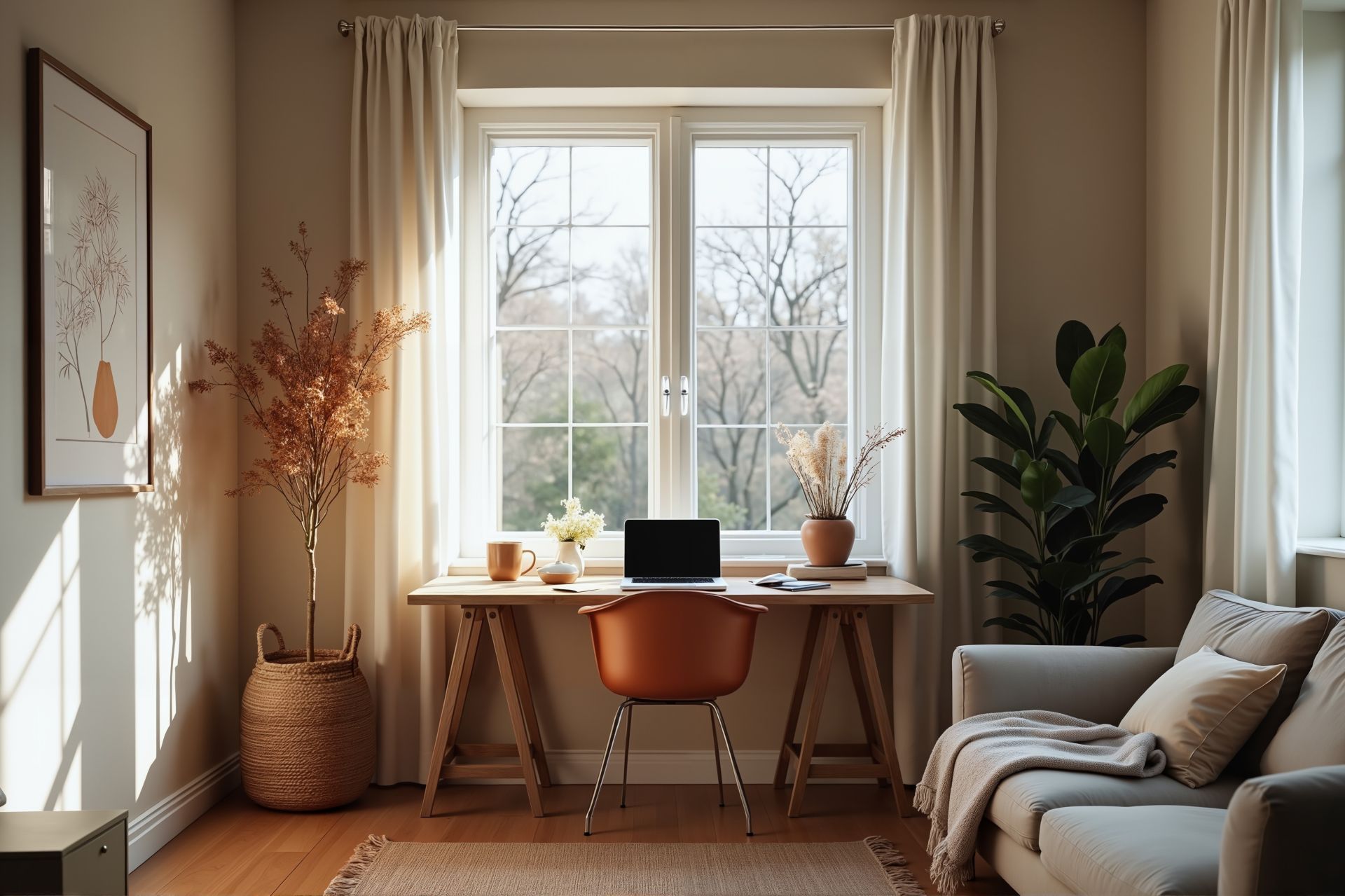 Calm, sunlit home workspace with a wooden desk, open laptop, warm neutrals, and soft natural textures, creating an inviting place to pause and reach out.
