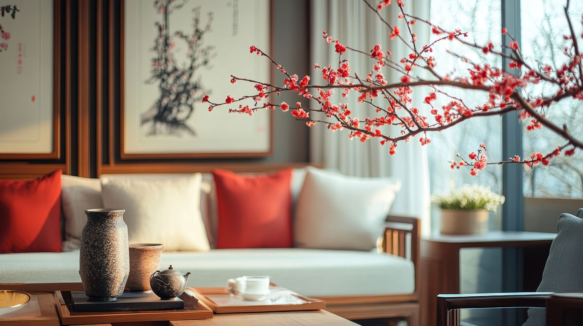 Warm living room vignette with a red accent pillow, layered textures, and intentional styling on a sofa.