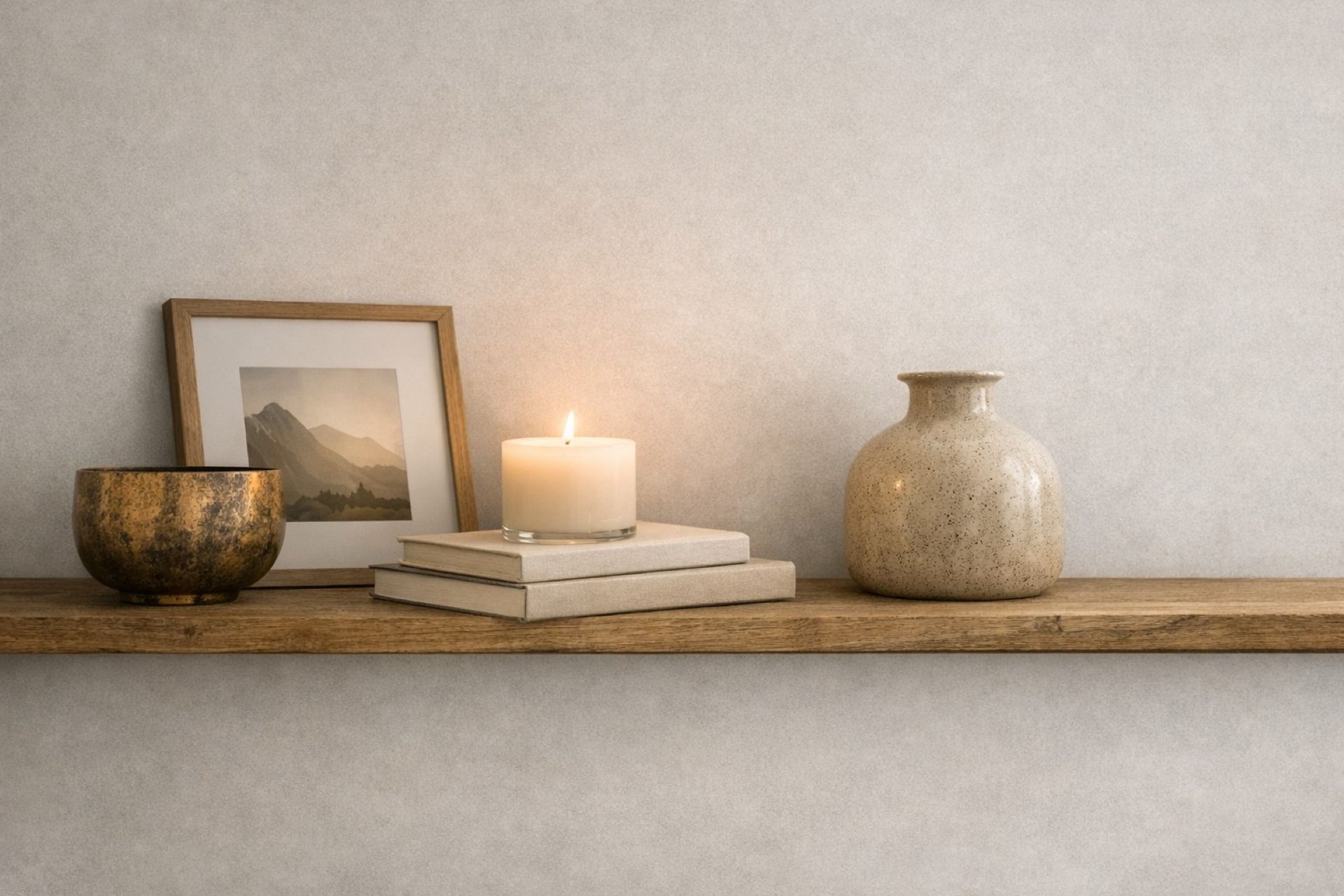 Minimal, intentional shelf vignette with warm neutrals, soft candlelight, natural textures, and a muted landscape, creating a calm, grounded moment of gentle refinement.