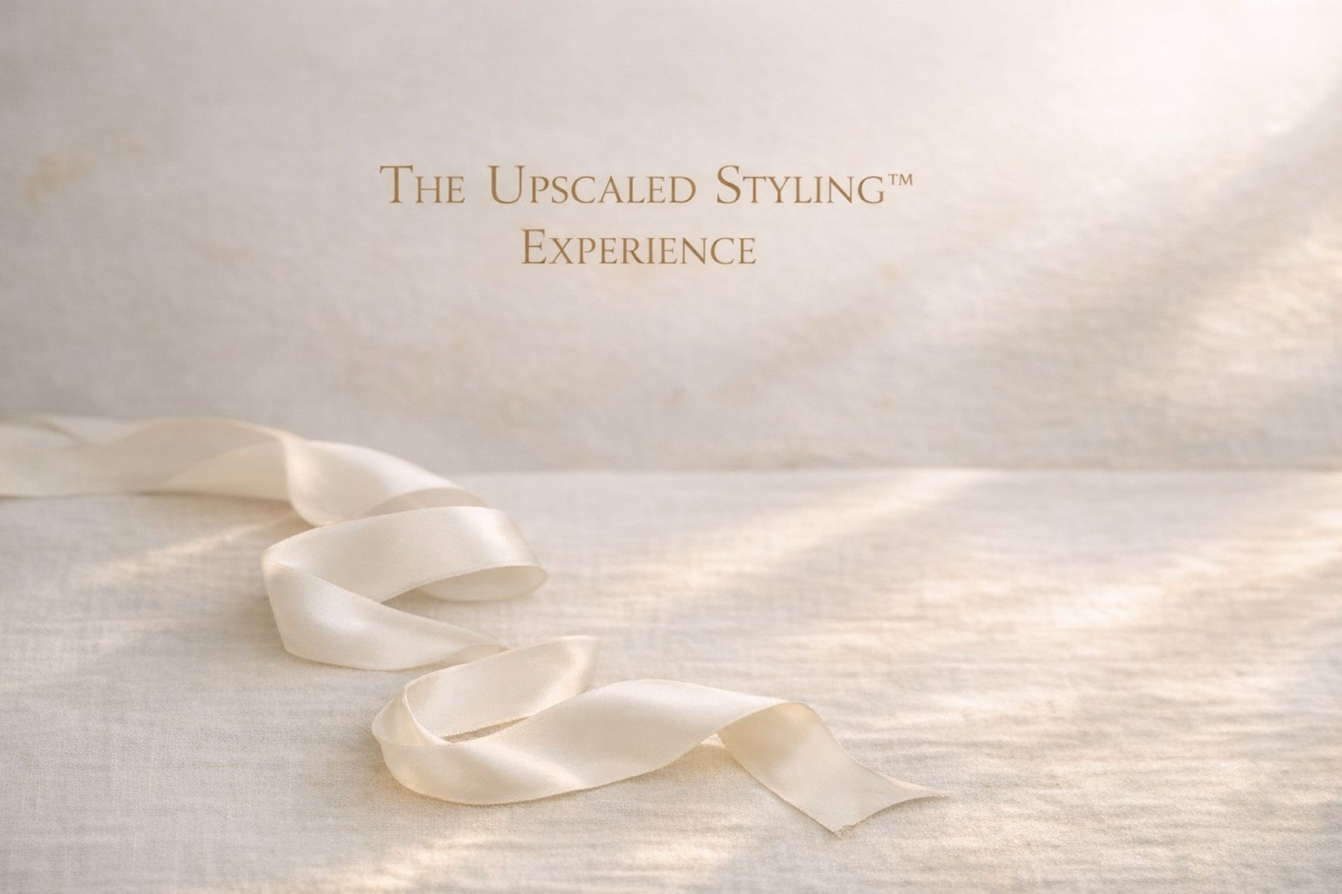 Soft, neutral background with a satin ribbon draped across textured fabric, featuring the text ‘The Upscaled Styling™ Experience’ in an elegant, refined style.