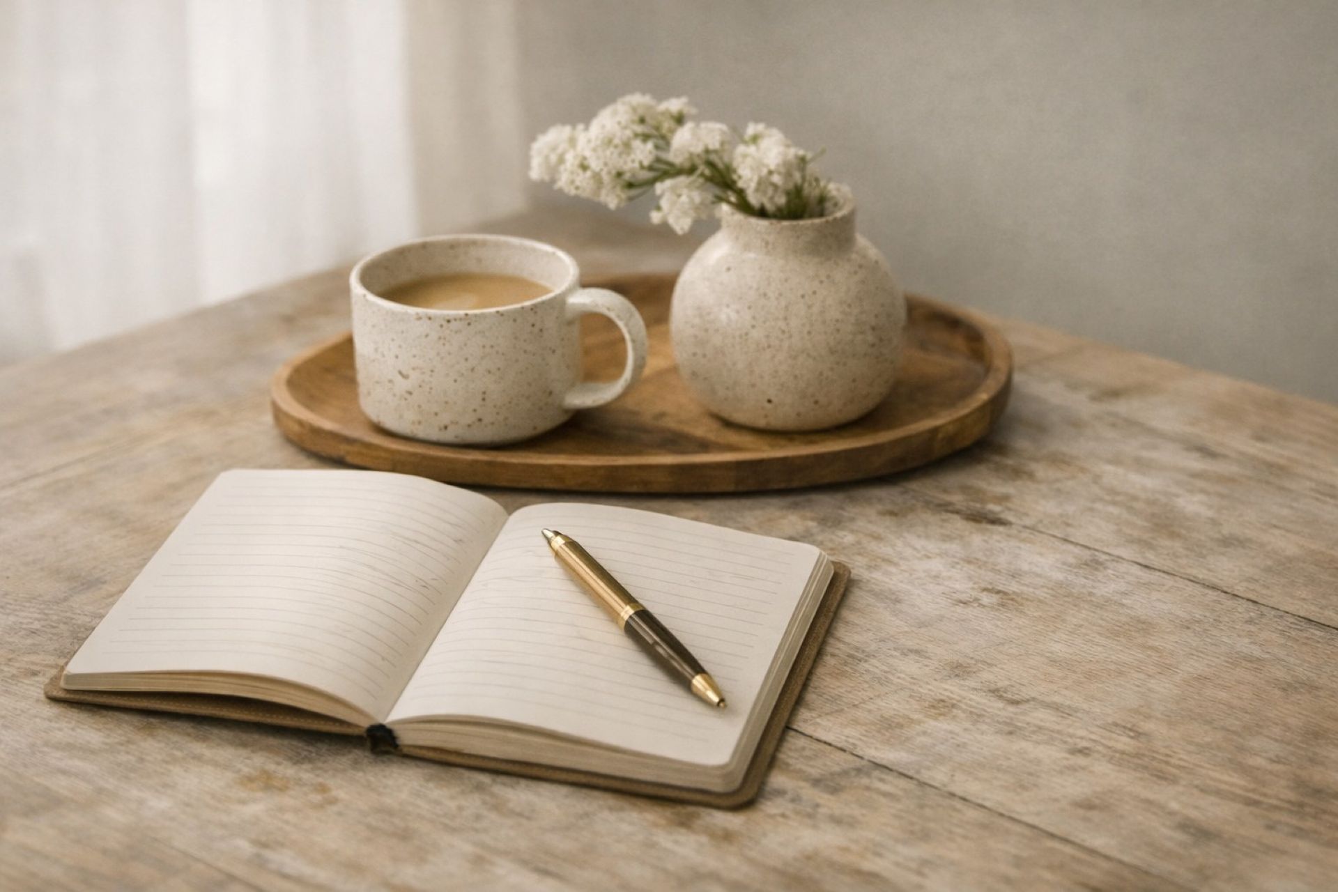 Warm, intentional tabletop scene with an open notebook, pen, ceramic mug, and soft natural textures, creating a calm space for reflection and inspired next steps.