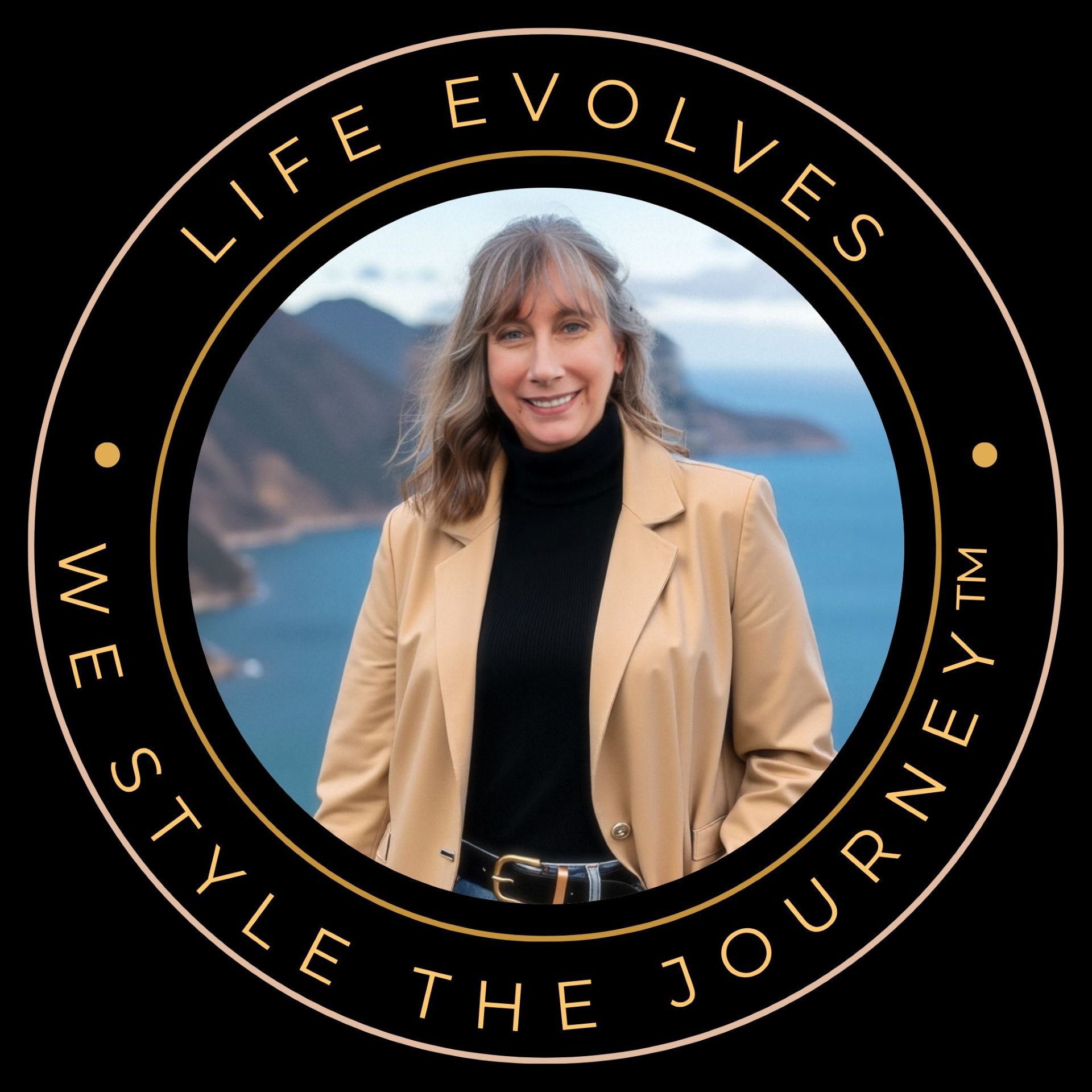 Circular portrait of Kelly Ann standing outdoors by the coast, framed with the Upscaled Styling message ‘Life Evolves — We Style the Journey.’