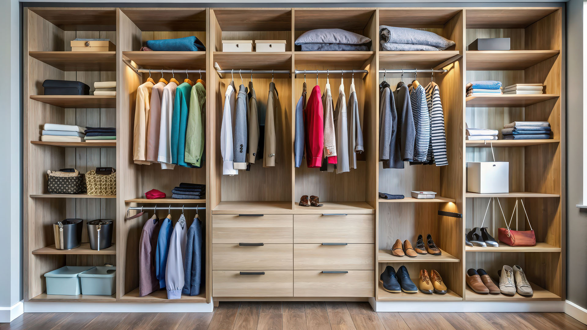 Organized wooden wardrobe with hanging clothes, folded sweaters, shoes, handbags, and storage baskets arranged neatly on shelves.