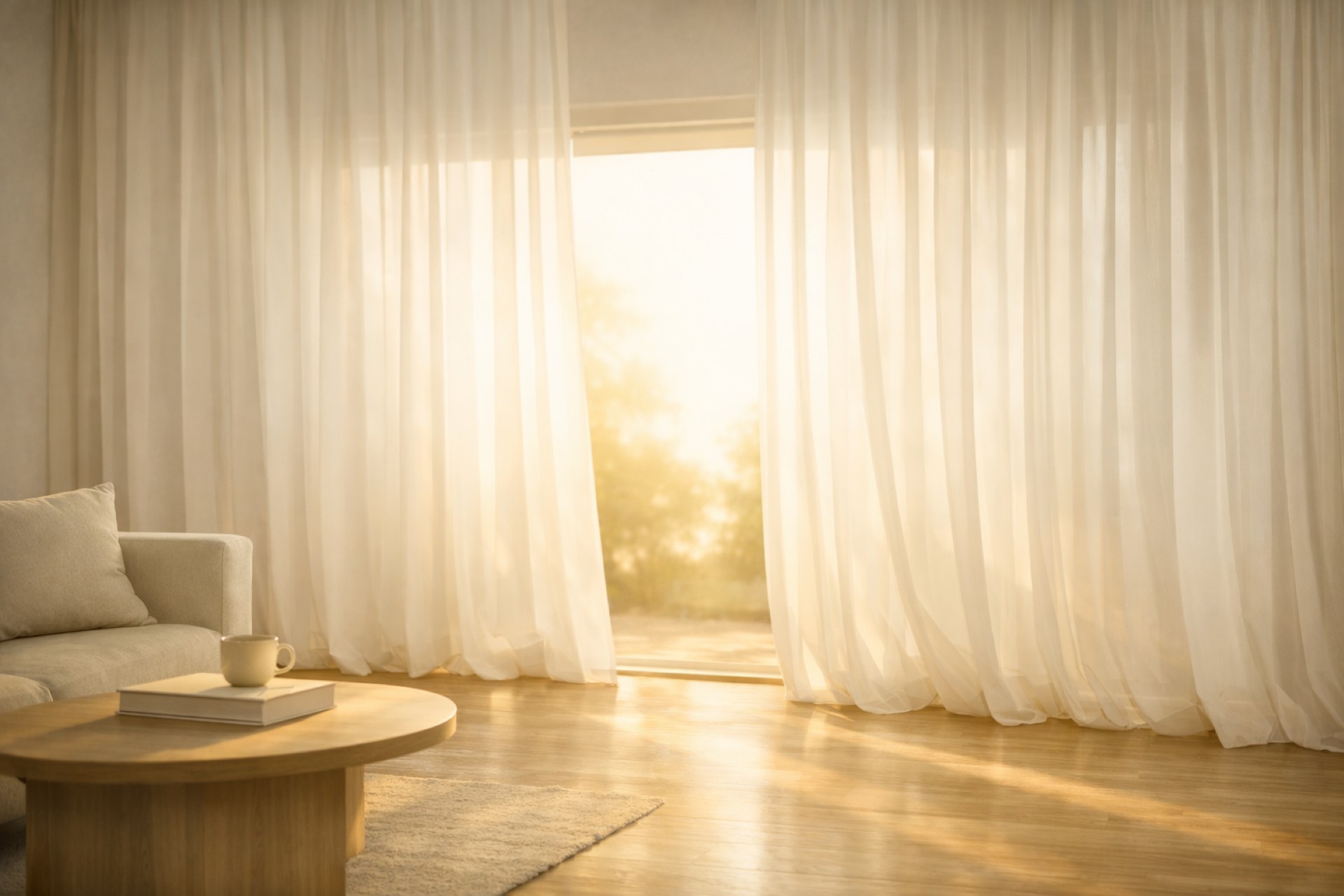 A serene living room with natural textures, sunlight, and calm tones, evoking reflection and possibility.