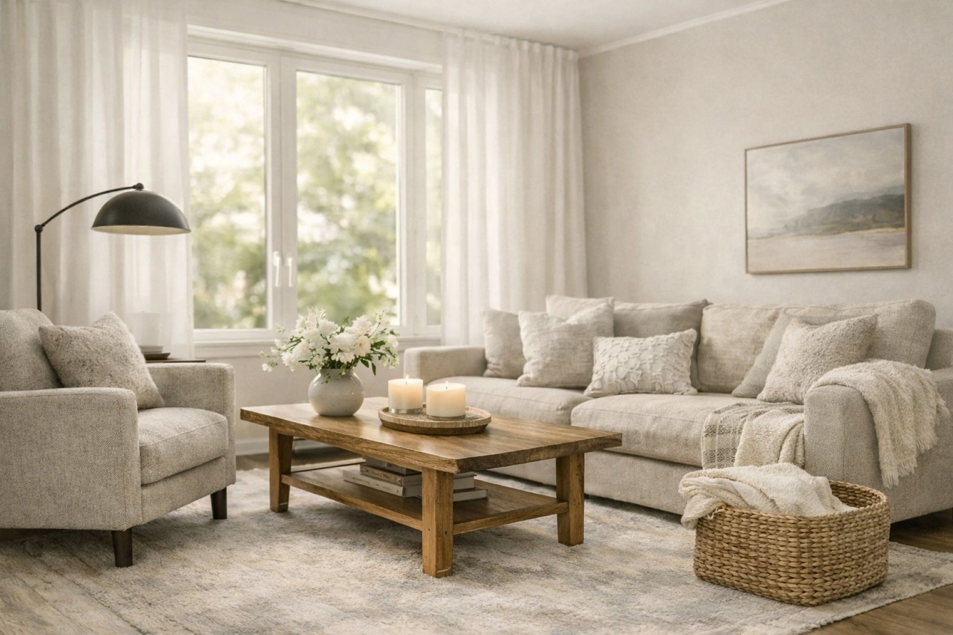 Calm, beautifully styled living room with soft neutrals, layered textures, natural light, and thoughtful details, creating a warm, elevated space that reflects a complete, done for you home transformation.