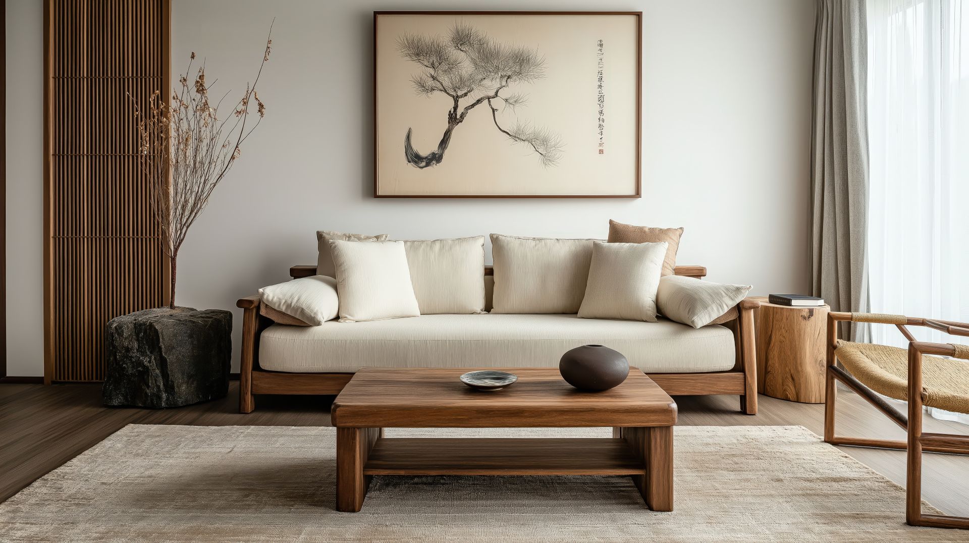 Calm, intentionally arranged room with soft textures and simple styling to support emotional ease during home transitions.