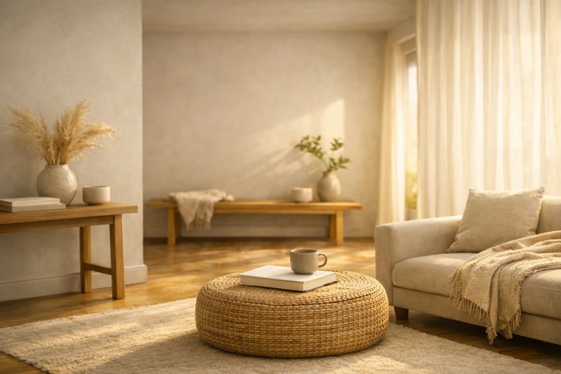 Golden light illuminating a minimalist interior, representing emotional readiness and graceful transition.