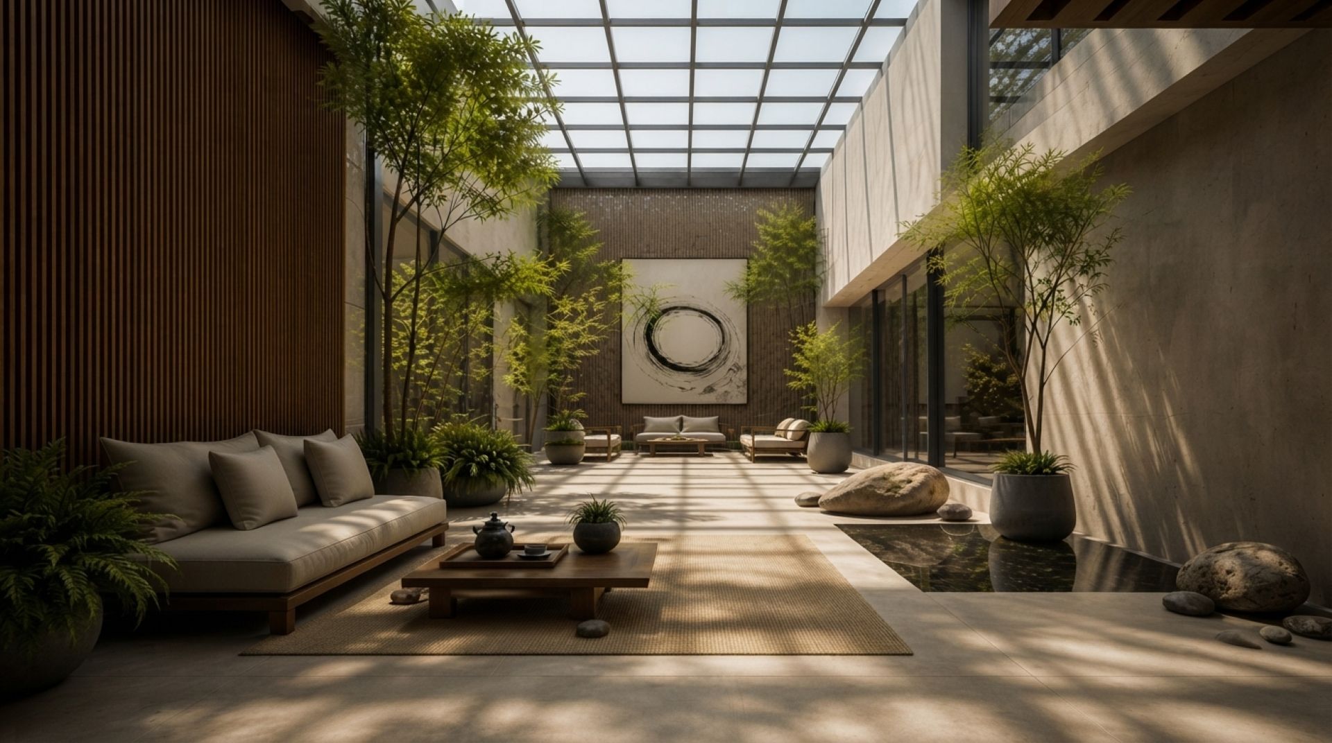 Serene modern atrium with bamboo, natural light, and minimalist furniture reflecting Upscaled Styling™’s clarity‑driven aesthetic.