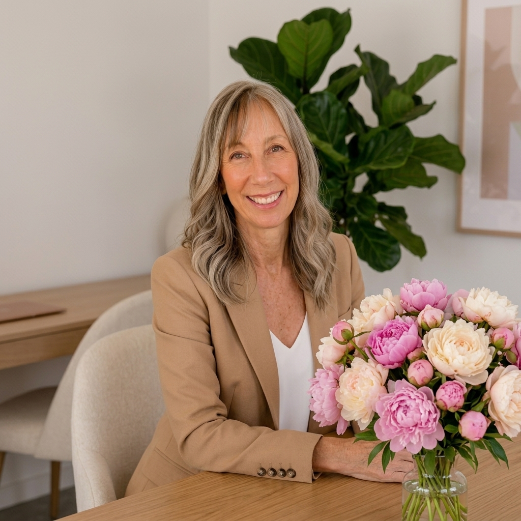 Kelly Ann sitting by a sunlit window with an open book, surrounded by soft greenery, reflecting a calm, grounded moment of clarity and intention.