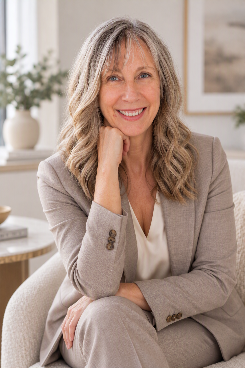 Kelly Ann sitting by a sunlit window with an open book, surrounded by soft greenery, reflecting a calm, grounded moment of clarity and intention.